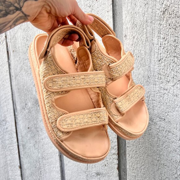 Ego Official  Hyped Double Strap Flat Dad Sandal In Natural Nude Woven Fabric - Picture 3 of 12